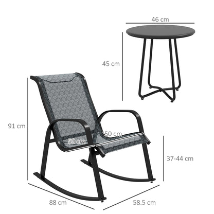 3 Piece Outdoor Rocking Set With 2 Armchairs, Metal Top Coffee Table, Patio Bistro Set With Curved Armrests, Breathable Mesh Fabric Seat - Mixed Grey