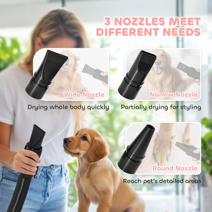PawHut 2200W Dog Hair Dryer with Adjustable Temperature & Velocity, 3 Different Nozzles, Pink