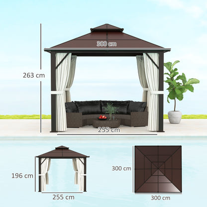 Outsunny 3 x 3(m) Hardtop Gazebo Canopy with UPF30+ Double Polycarbonate Roof, Aluminium Frame Garden Gazebo Permanent Pavilion with Mosquito Netting and Curtains for Patio, Deck, Beige