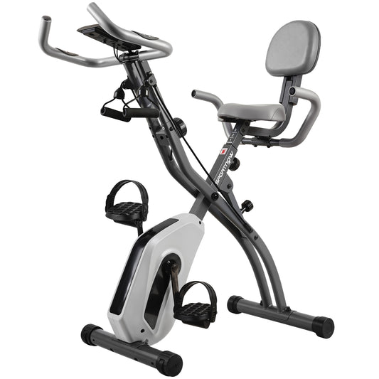 SPORTNOW 4-In-1 Folding Exercise Bike with Resistance Bands, Bluetooth App, 8-Level Magnetic Resistance, LCD Display, Grey