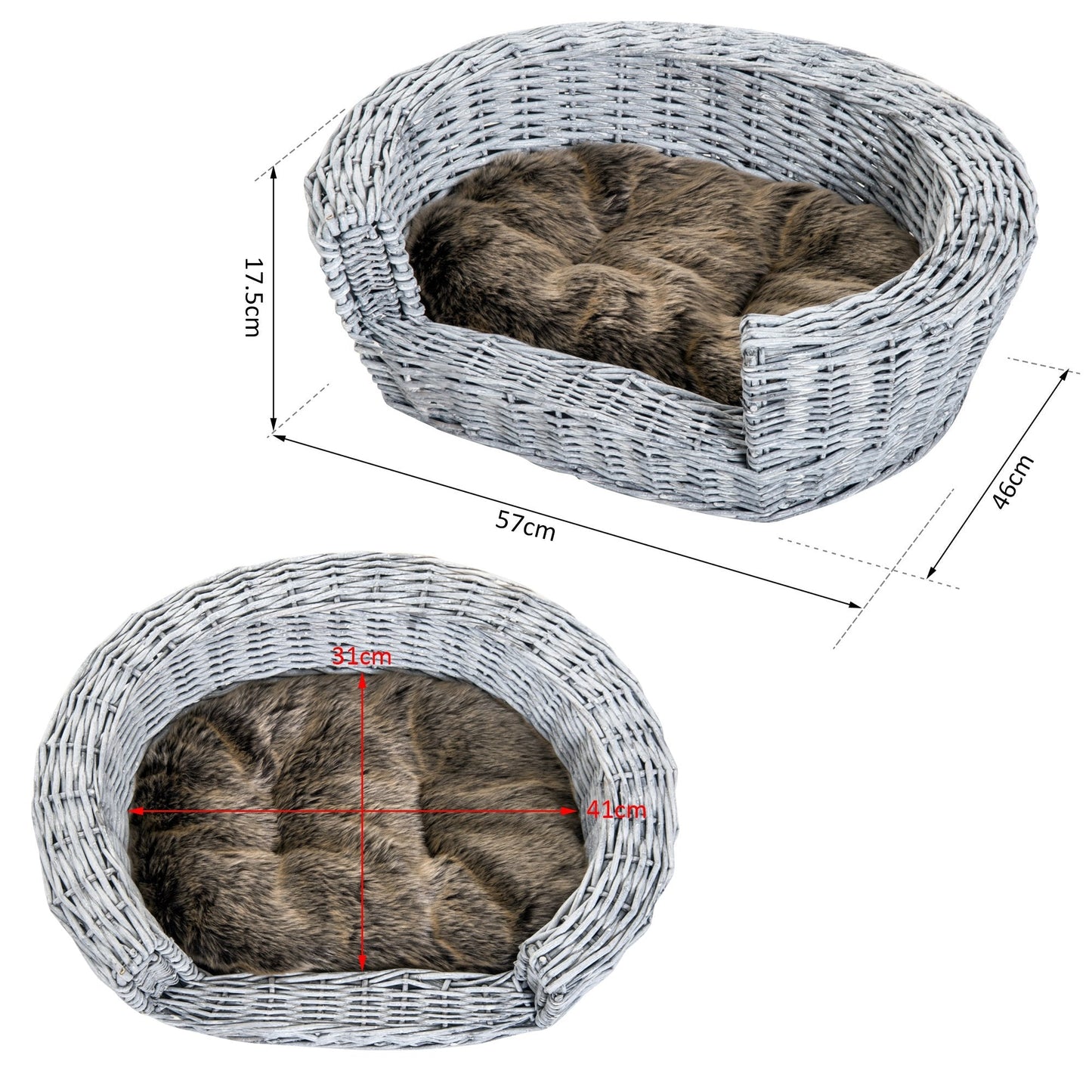 PawHut Pet Basket Sofa Bed, 57Lx46Wx17.5H cm, Willow Rattan-Grey