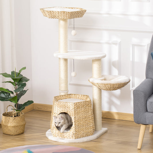 PawHut Cat Tree Tower Climbing Activity Center Kitten Furniture w/ Cattail Fluff Bed Condo Sisal Scratching Post Hanging Ball 50 x 50 x 119cm Natural