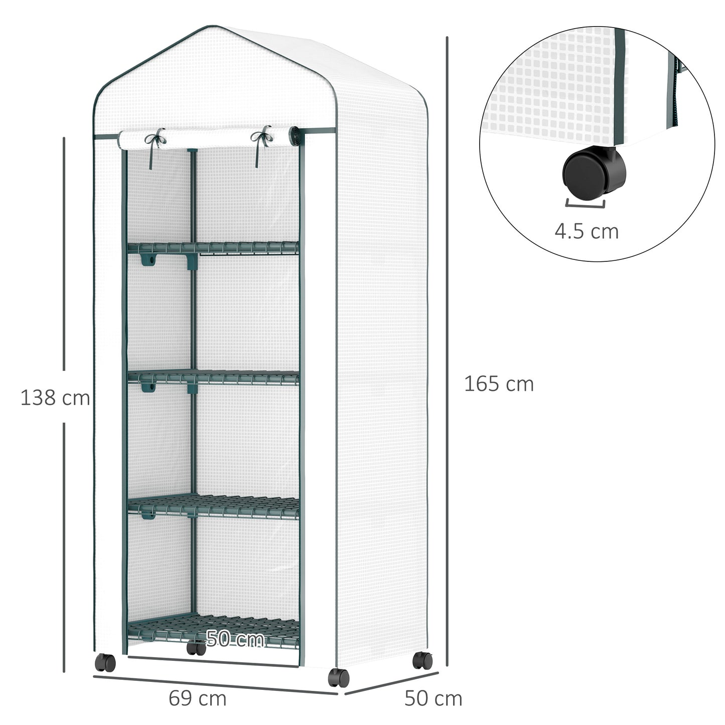 Outsunny 4 Tier Mini Portable Greenhouse Compact Plant Grow Shed Metal Frame PE Cover with Lockable Rolling Wheels , White