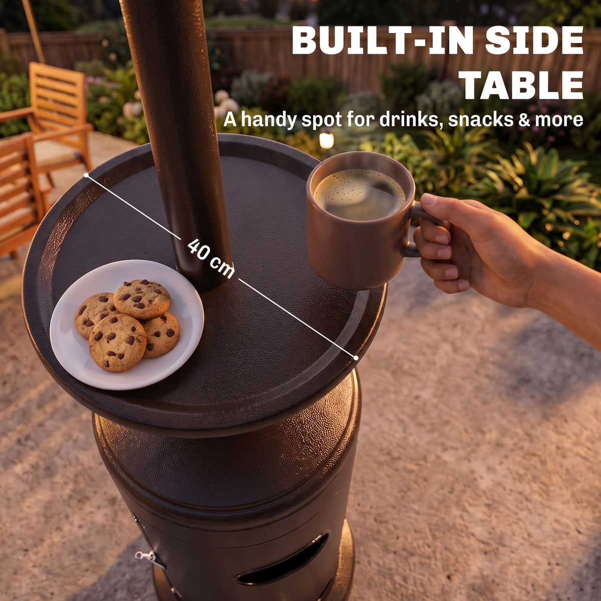 Outsunny Gas Patio Heater with Table Tray, 13 kW Portable Propane Outdoor Heater with Piezo Ignition, Tip-over Protection, Brown