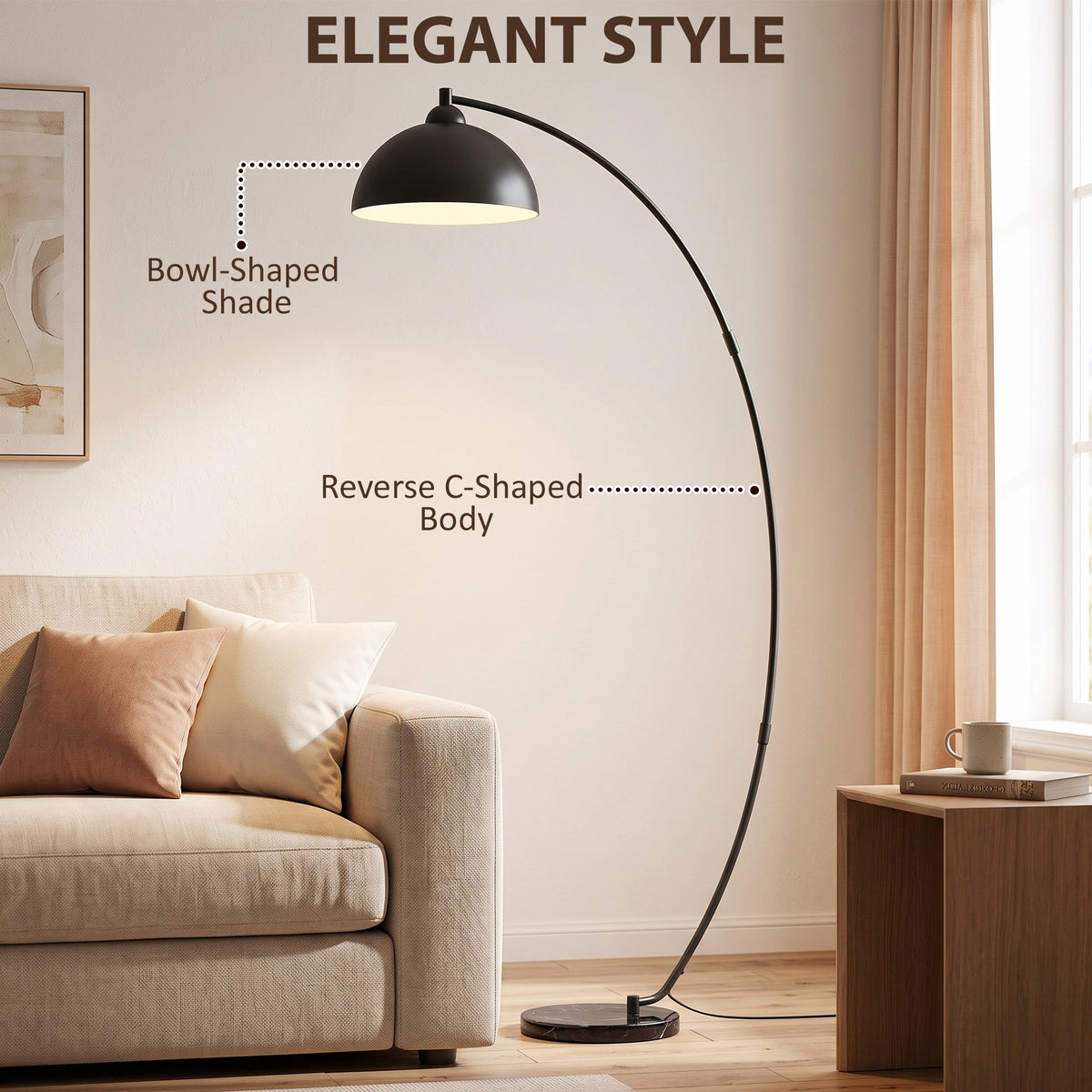 HOMCOM C-Shaped Floor Lamp, Modern Standing Lamp with Bowl-Shaped Reflective Shade, Foot Switch and Marble Base, Black