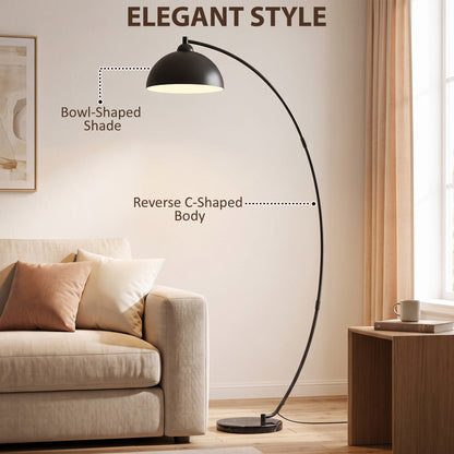 HOMCOM C-Shaped Floor Lamp, Modern Standing Lamp with Bowl-Shaped Reflective Shade, Foot Switch and Marble Base, Black
