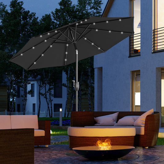 Outsunny 2,7 ​​m Parasol ogrodowy Solarny Zewnętrzny Parasol słoneczny z uchylnym dachem Patio z 24 diodami LED, korbą ręczną i 8 żebrami, czarny