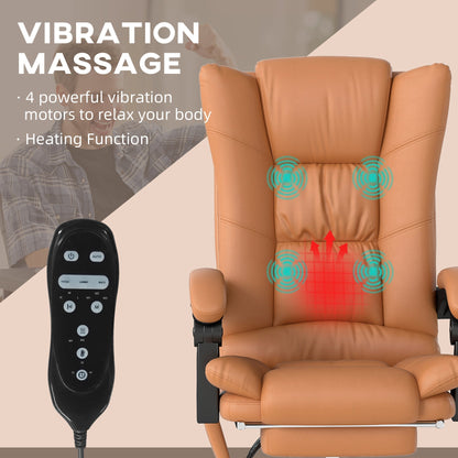 Vinsetto High Back Vibration Massage Office Chair, Heated Reclining PU Leather Computer Chair with 135  Reclining Back and Footrest, Light Brown