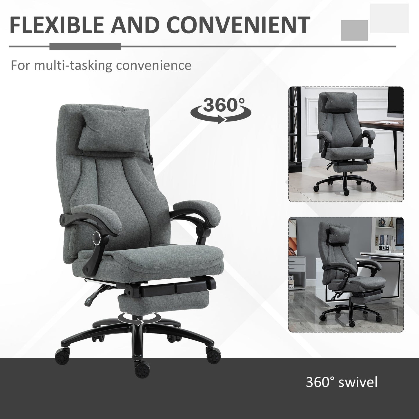 Vinsetto Office Chair, Fabric Desk Chair with Adjustable Massage Pillow, USB Power and Retractable Footrest, High Back, 360¡ Swivel, for Home, Grey