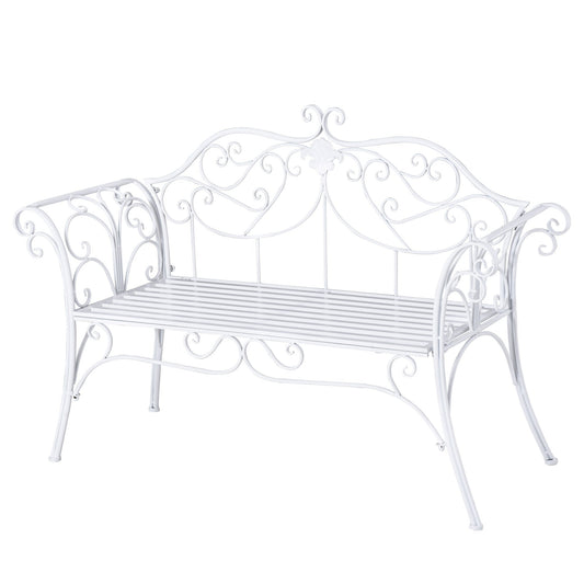 Outsunny 2 Seater Garden Bench, Antique Outdoor Double Seat Chair with Decorative Cast Iron Backrest for Backyard Porch, White