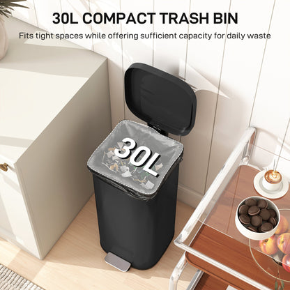 HOMCOM 30L Kitchen Bin, Compact Pedal Bin with Soft-Close and Stay-Open Lid, Removable Bucket for Kitchen, Home, Office, Black