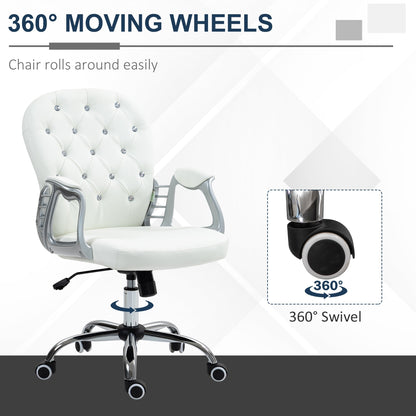 Vinsetto Office Chair Ergonomic 360¡ Swivel PU Diamante Padded Base 5 Castor Wheels for Home Work White