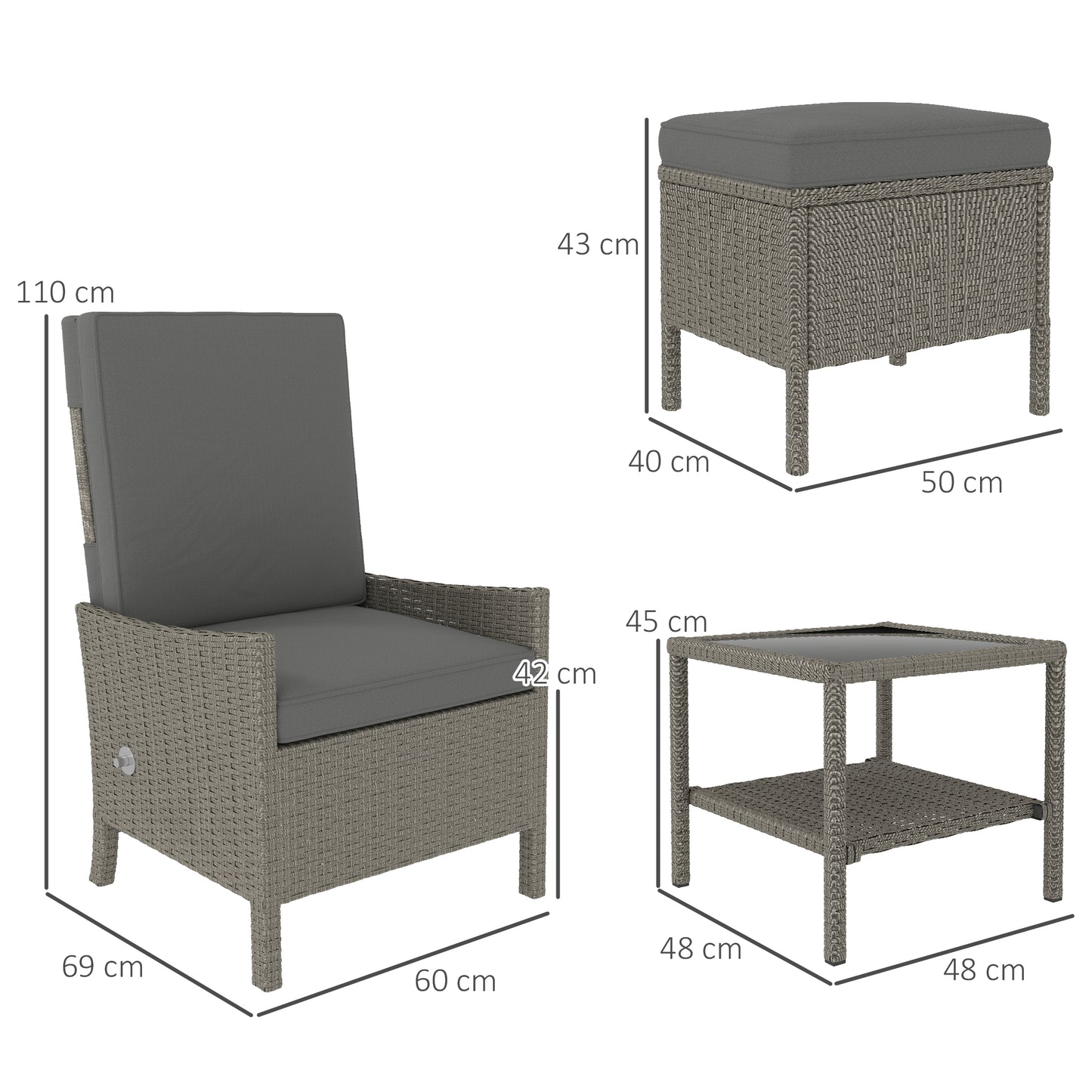 Zestaw mebli ogrodowych Outsunny z rattanu, 5 elementów, wiklinowy zestaw wypoczynkowy na patio z 2 fotelami, 2 podnóżkami, szklanym stolikiem kawowym z półką, meblami ogrodowymi z regulowanymi oparciami, poduszkami, ciemnoszary