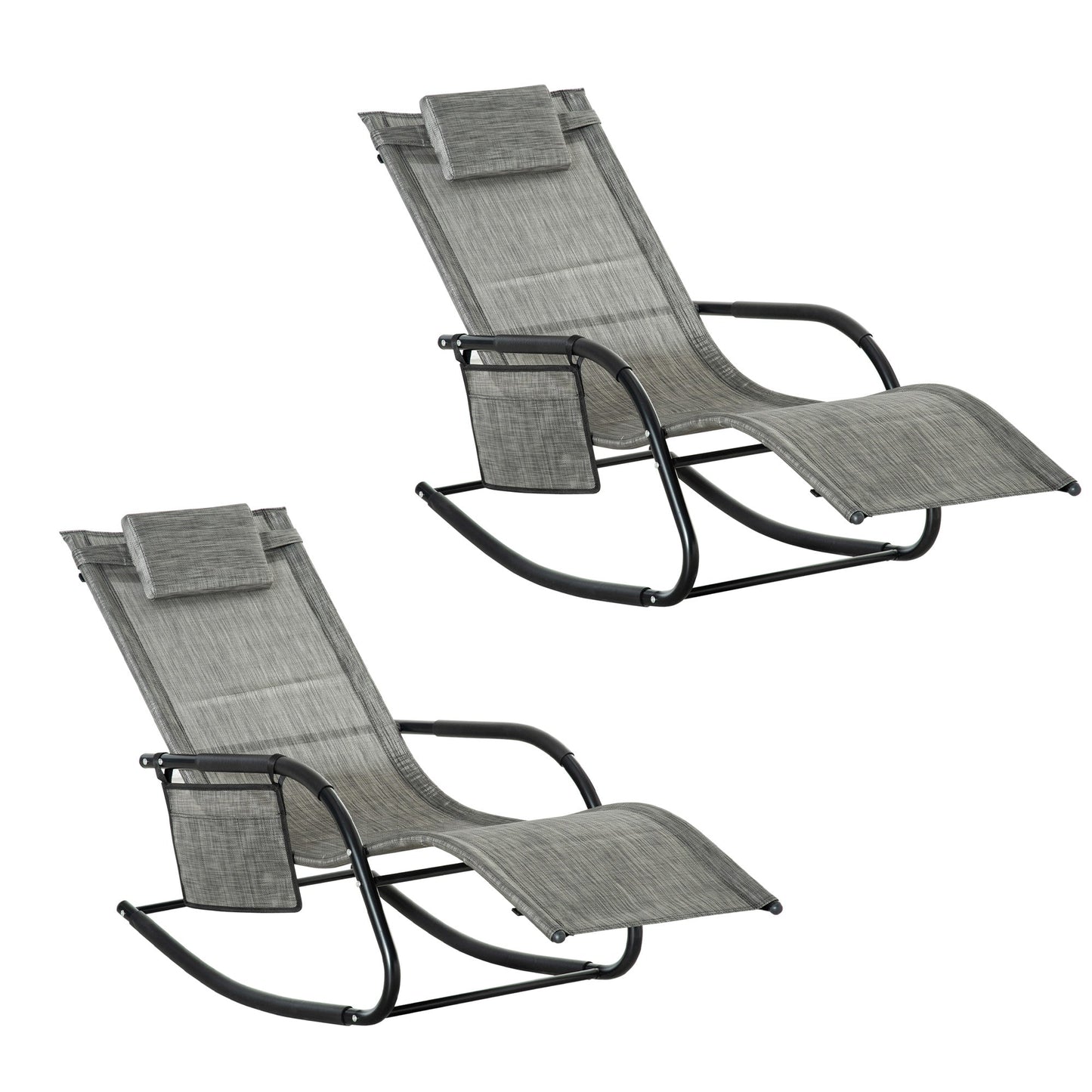 2 Piece Outdoor Garden Rocking Chair, Patio Sun Lounger Rocker With Breathable Mesh, Removable Headrest Pillow, Side Storage - Dark Grey