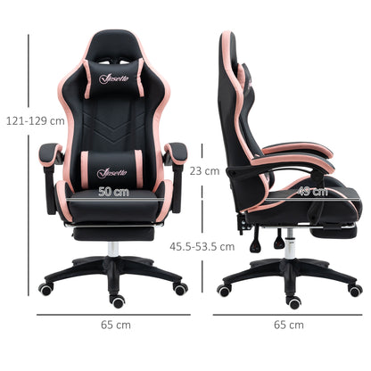 Vinsetto Computer Gaming Chair, PU Leather Office Desk Chair with Footrest, Swivel Wheels, 135 Reclining Back, Lumbar Support, Headrest for Home, Black and Pink