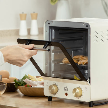 Retro Style Convection Mini Oven, 15L Electric Oven & Grill w/ Adjustable Temperature, Timer, Baking Tray, Wire Rack, Crumb Tray, 1000W, Cream White