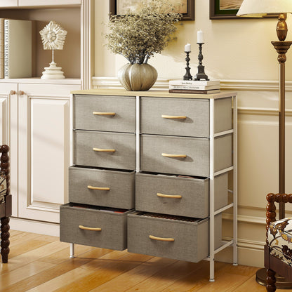HOMCOM Fabric Chest of Drawers, Industrial Bedroom Dresser with 8 Fabric Drawers, Steel Frame and Wooden Top for Nursery, Living Room, Hallway, Maple Wood-effect