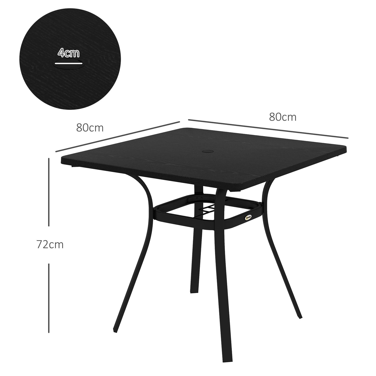 Stół ogrodowy Outsunny Four-Seater Steel, z otworem na parasol 40 mm - czarny