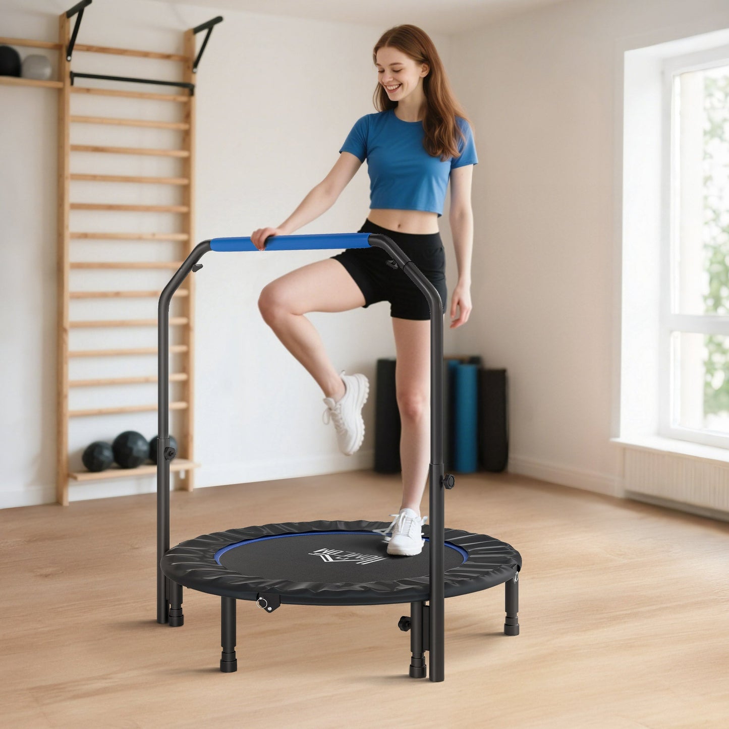 HOMCOM 45" Foldable Mini Fitness Trampoline, with Adjustable Foam Handle, Blue