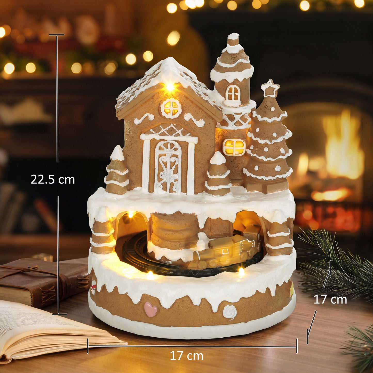 HOMCOM Christmas Gingerbread House, Lighted Musical Snow Village with Rotating Train, LEDs, Tunes, Battery Operated