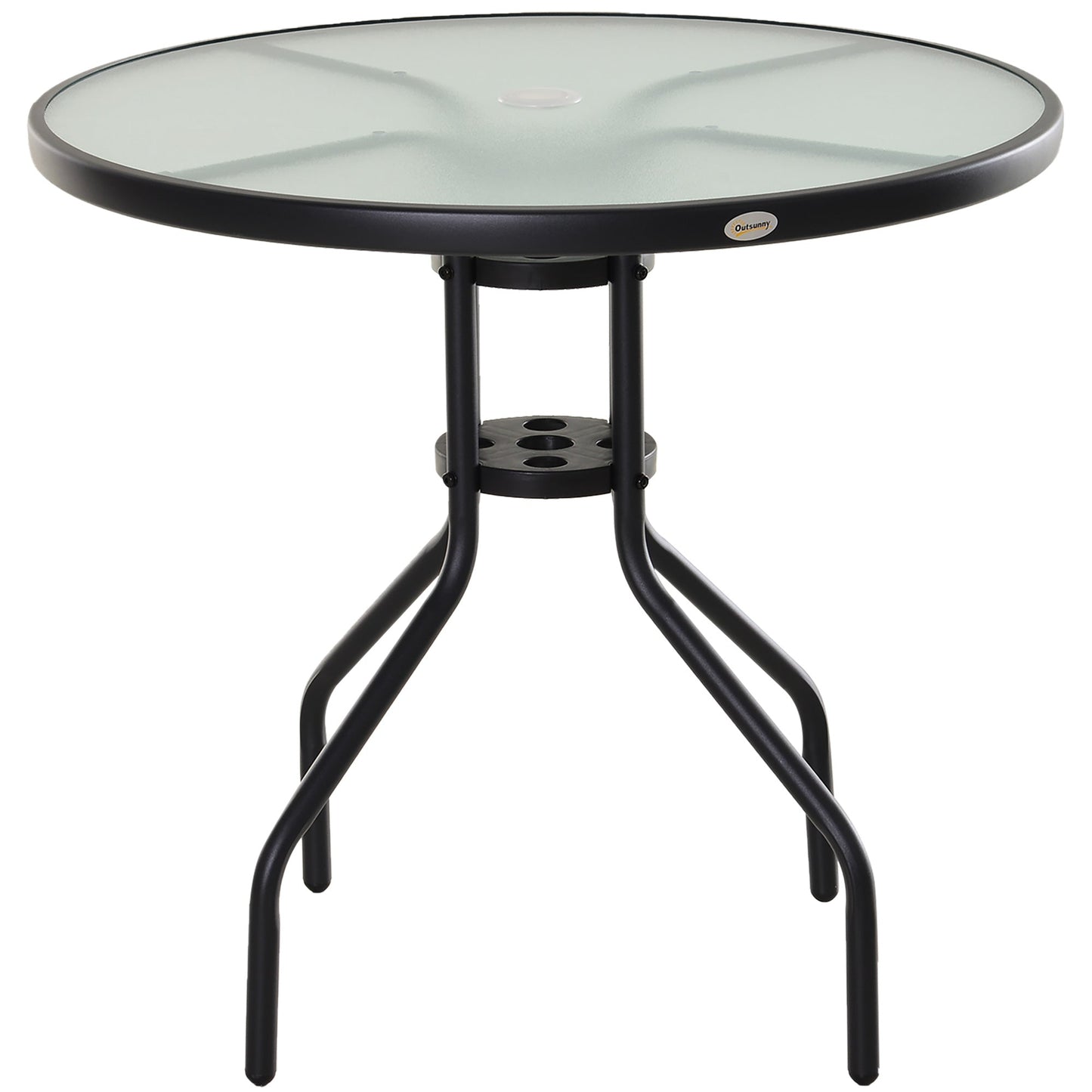 Outsunny Bistro Table Outdoor Round Dining Coffee Table with Parasol Hole, Tempered Glass Top Side Table Patio Garden - 80cm Diameter