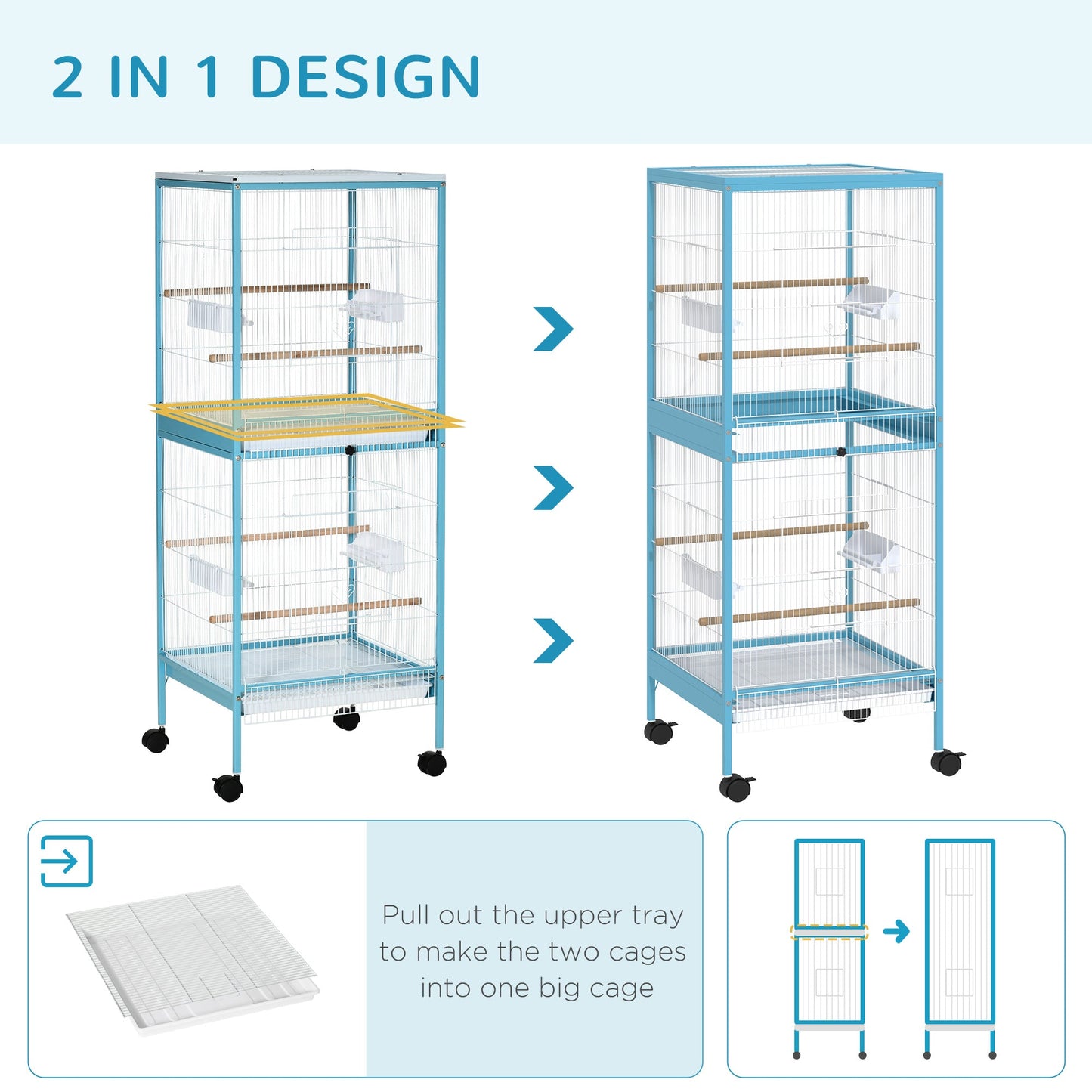 PawHut Bird Cage Budgie Cage 2 In 1 Large Aviary with Wheels Removable Trays for Finch Canaries Cockatiels Light Blue