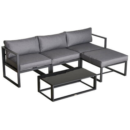 Outsunny 5 Piece Outdoor Patio Furniture Set, Sofa Couch with Glass Coffee Table, Cushioned Chairs and Metal Frame, for Balcony Garden Backyard, Grey