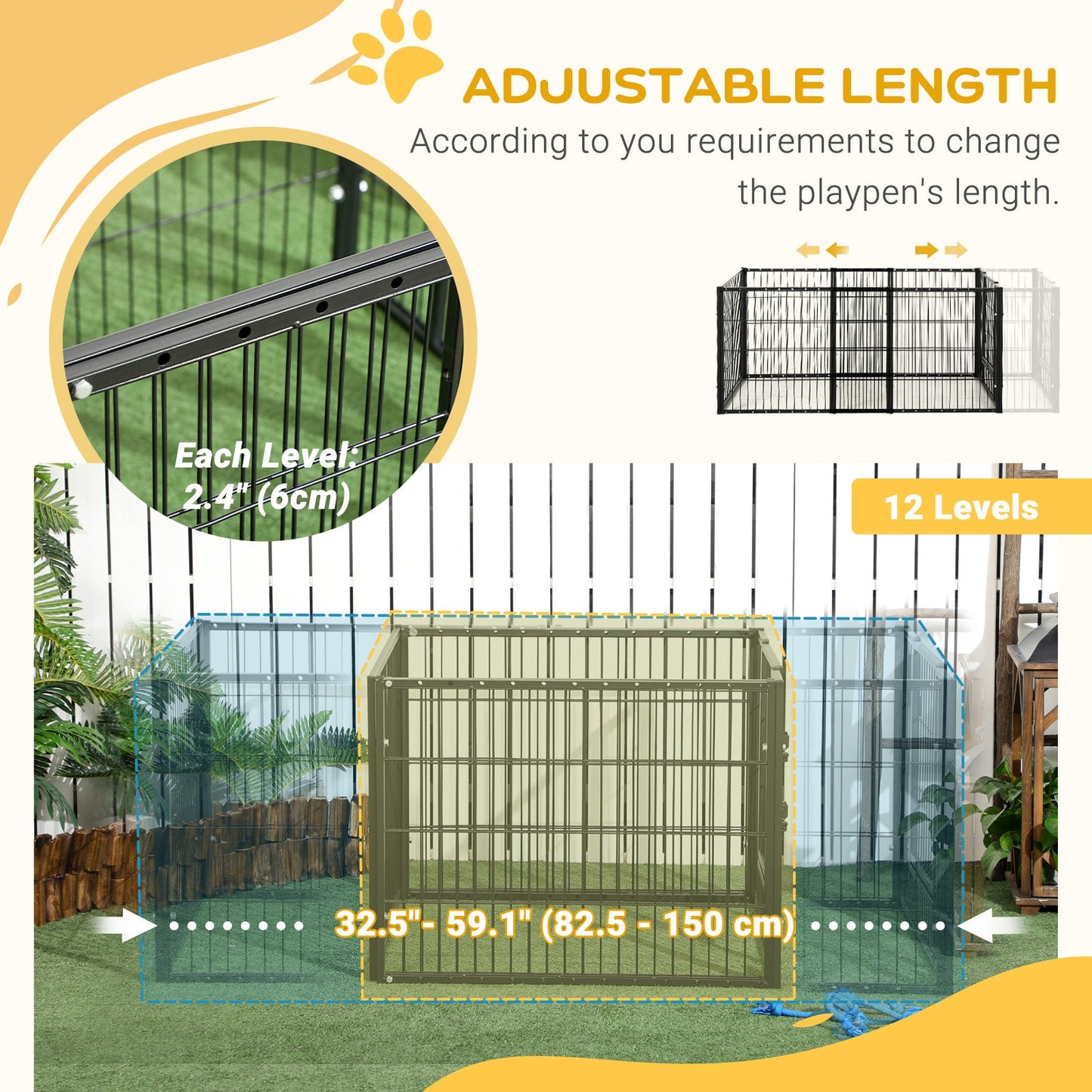 PawHut 82.5-150 x 61cm Heavy Duty Pet Playpen, 6 Panel Exercise Pen for Dogs, with Adjustable Length, for Indoors and Outdoors, Small Dogs