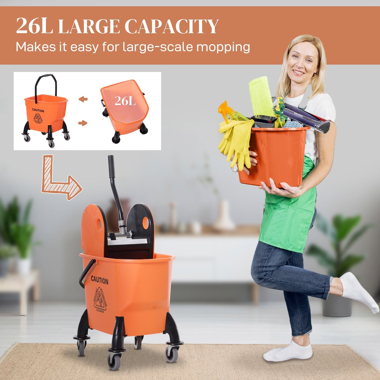 26L Mop Bucket with Wringer, Mop Bucket on Wheels with Carry Handle, Mop Holder, Plastic Body for Household, Orange