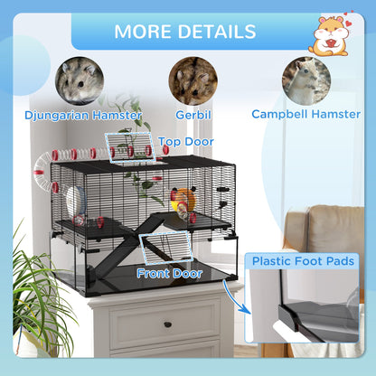 PawHut Gerbil Cage, Dwarf Hamster Cage, with Deep Glass Bottom, Tunnels, Ramps, Hut, Exercise Wheel, 78.5 x 48.5 x 57cm