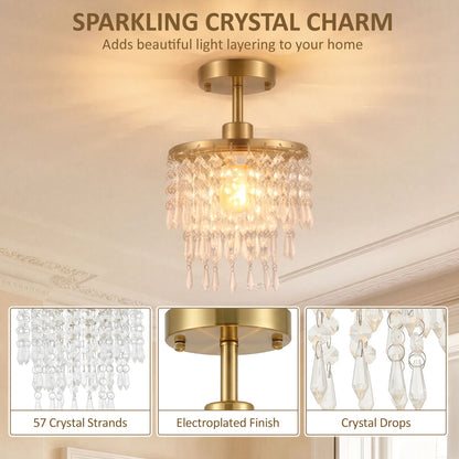 HOMCOM Crystal Ceiling Light with 57 Crystal Strands, Ceiling Light with Mounting Plate for Hallway, Gold Tone
