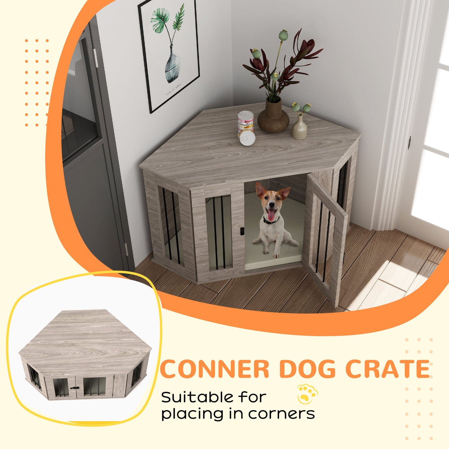 PawHut 2 in 1 Dog Crate Furniture Side Table, with Cushion, 104 x 55 x 63cm - Walnut Brown