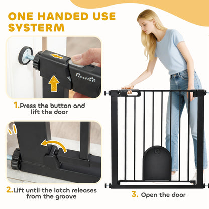 PawHut Dog Gate with Cat Flap Pet Safety Gate Barrier, Stair Pressure Fit, Auto Close, Double Locking, for Doorways, Hallways, 75-82 cm Black