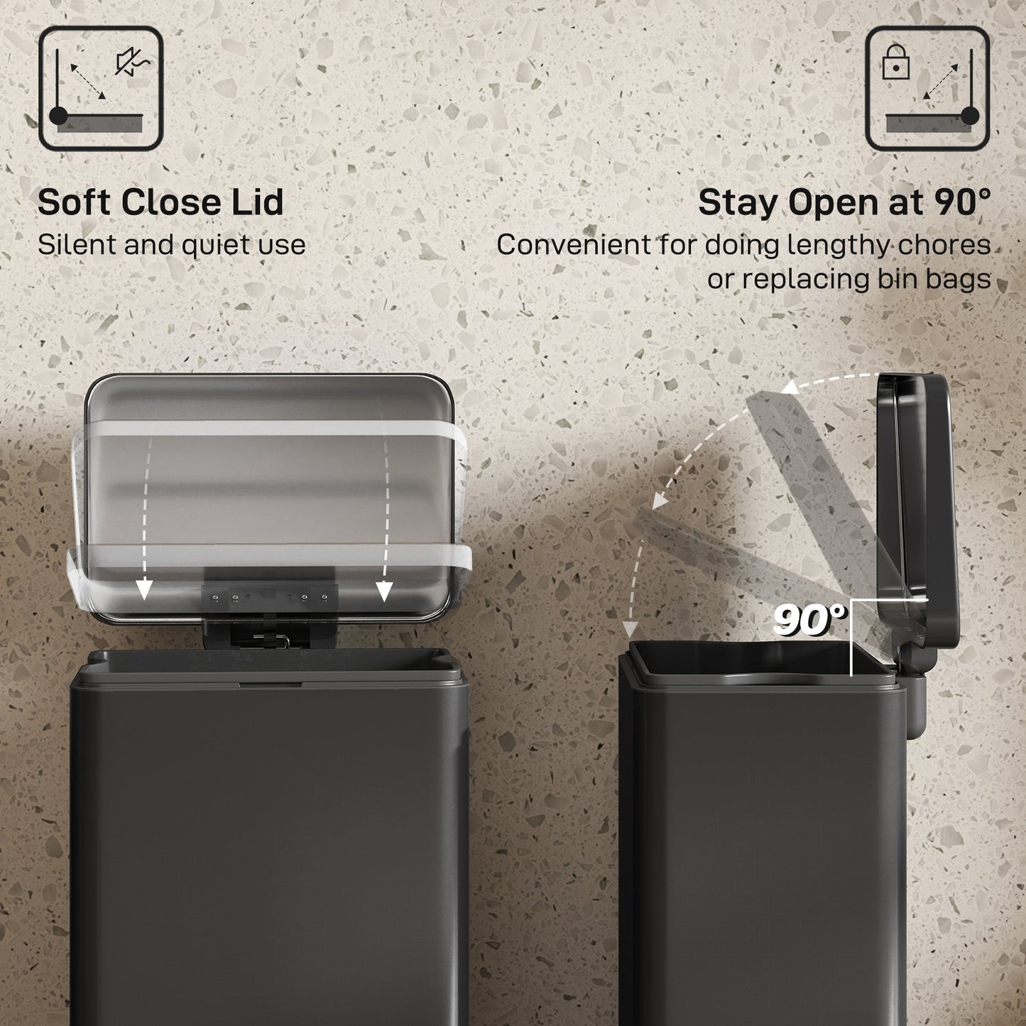 HOMCOM 20L Kitchen Bin with Soft-Close Lid and Stay-Open Function, Stainless Steel Pedal Bin with Removable Inner Bucket for Kitchen, Office, Home, Matte Black