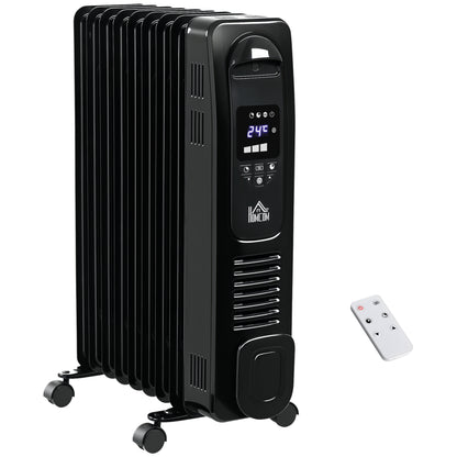 HOMCOM 2000W Digital Oil Filled Radiator, 9 Fin, Portable Electric Heater with LED Display, 24-Hour Timer, 3 Heat Settings, Safety Cut-Off and Remote Control, Black