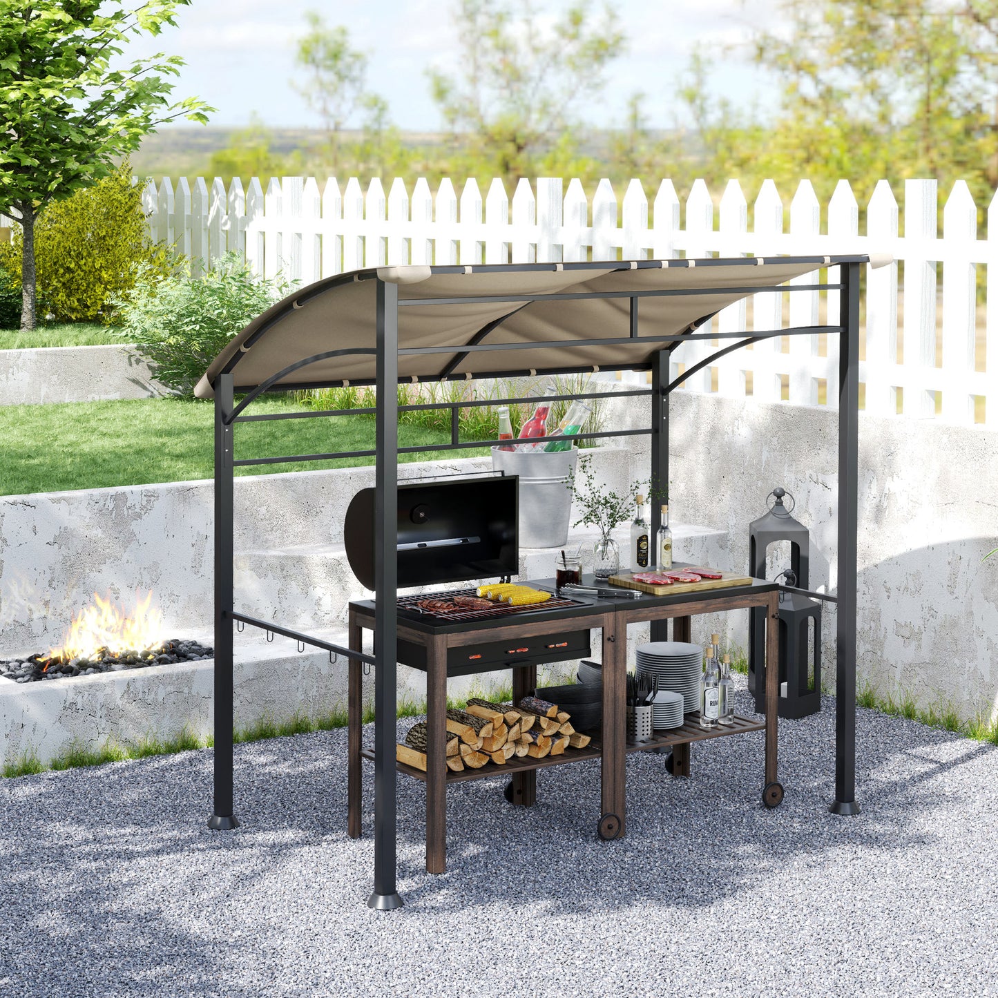 Outsunny 2,2 x 1,5 m Namiot ogrodowy z grillem BBQ, metalową ramą, zakrzywionym baldachimem i 10 haczykami, osłona przeciwsłoneczna na zewnątrz, khaki
