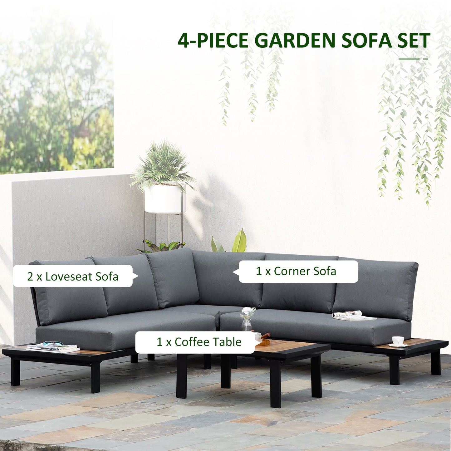 Outsunny 4 Pieces Aluminium Garden Furniture Sets with Thick Padded Cushion, 5 Seater Outdoor L Shape Corner Sofa Conversation Set, w/ Coffee Table and Sofa Side Table for Patio, Deck, Dark Grey