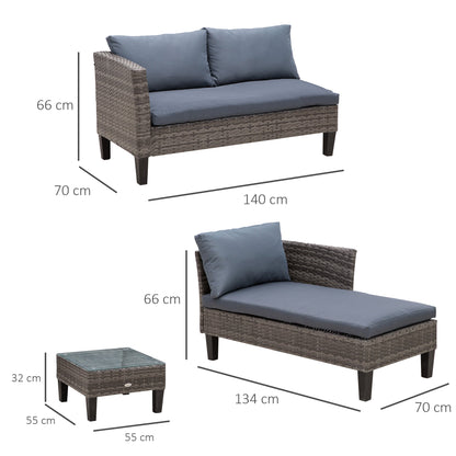 Outsunny 3 Pcs Garden Sofa PE Rattan Set w/ 2 Seats Square Glass Top Coffee Table Thick Cushions Solid Legs Metal Frame Patio Outdoor Balcony Patio L Corner Shape - Grey