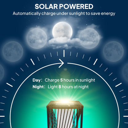 Outsunny Garden Rattan Lamp, 77 cm Tall Solar Rattan Floor Lamp, Solar Garden Light z automatycznym włączaniem/wyłączaniem świateł LED, IP44 Wodoodporny do użytku na zewnątrz, na ganku, ścieżce, tarasie, szary