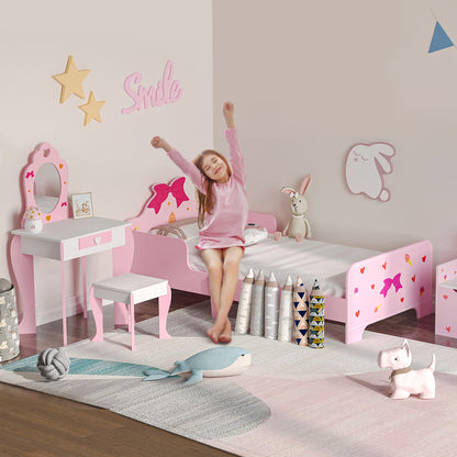 ZONEKIZ 3PCs Kids Bedroom Furniture Set with Bed, Dressing Table and Stool, Princess Themed, for 3-6 Years Old, Pink