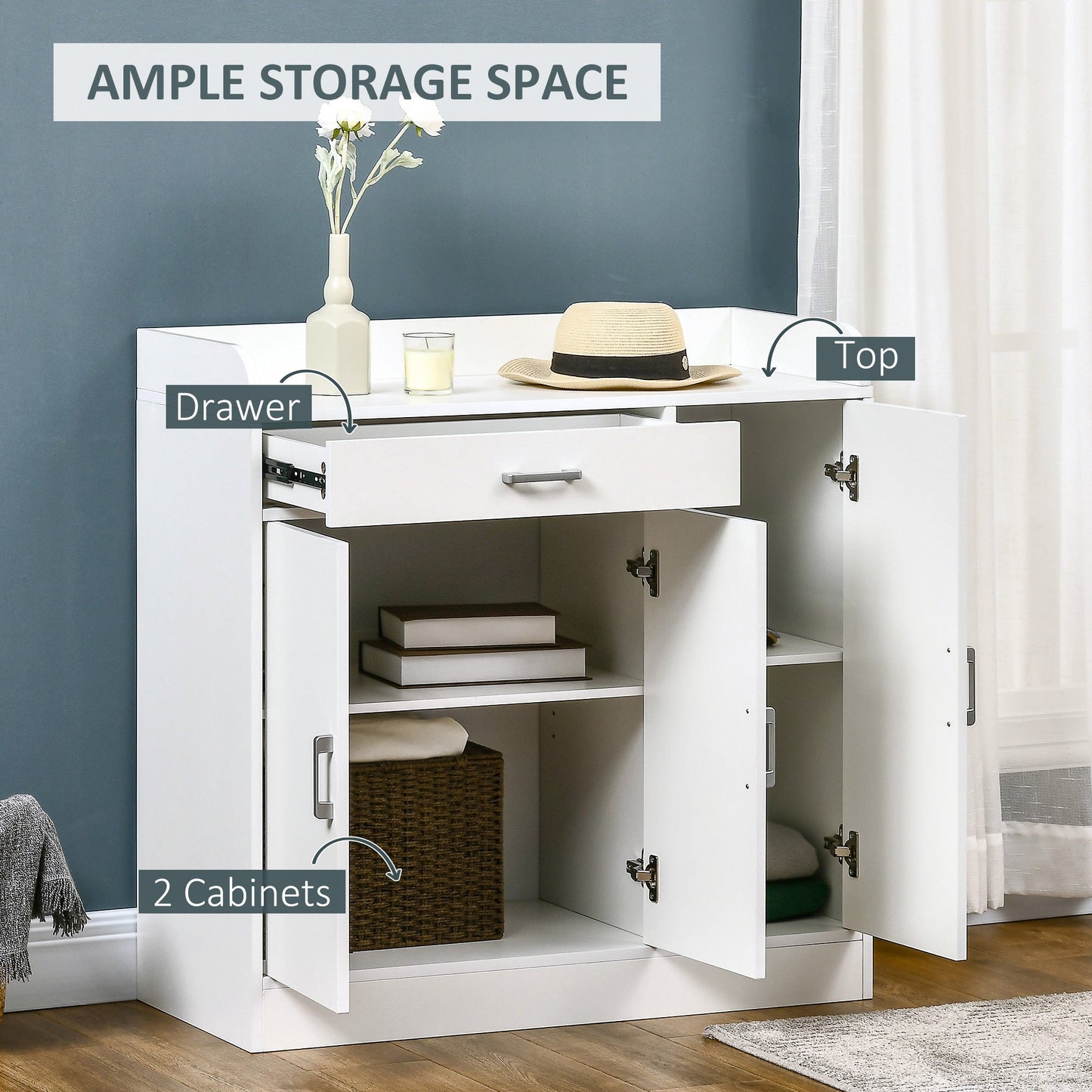 HOMCOM Modern Sideboard with Storage Cabinet, Floor Cupboard with Drawer for Living Room, Bedroom, Hallway, White