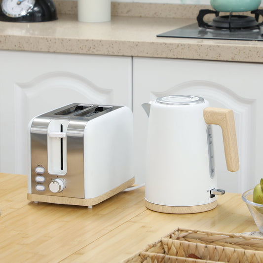 Zestaw HOMCOM z czajnikiem i tosterem, 1,7 l, 3000 W, czajnik z funkcją szybkiego gotowania i tosterem na 2 kromki, 7-stopniową regulacją opiekania, rozmrażaniem, podgrzewaniem, automatycznym wyłączaniem, zabezpieczeniem przed gotowaniem na sucho, biały