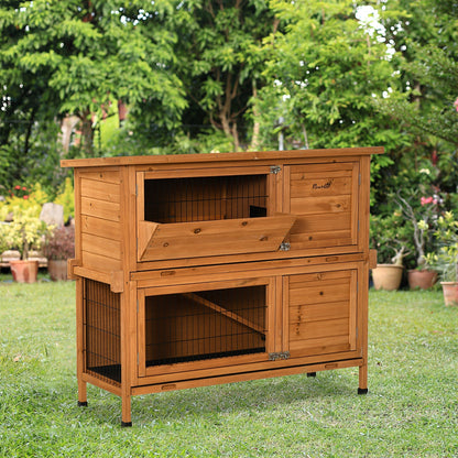 PawHut 2-Tier Double Decker Rabbit Hutch Wooden Guinea Pig House Pet Cage Outdoor with Sliding-out Tray, Asphalt Roof, Ramp, 120x50x104cm, Orange