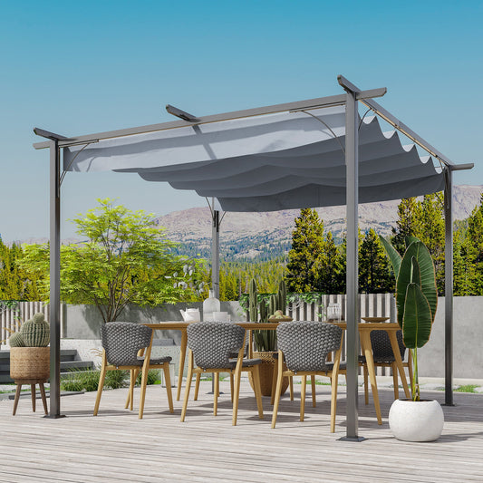 Metalowa pergola Outsunny 3 x 3(m) z rozsuwanym dachem, zadaszenie altanki ogrodowej z metalu. Zewnętrzna osłona przeciwsłoneczna na imprezę grillową, szara.