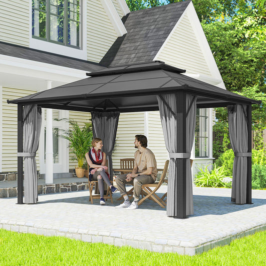 Outsunny 3 x 4m Hardtop Gazebo Canopy z UPF30+ Podwójny dach z poliwęglanu, aluminiowa rama, stały pawilon ogrodowy z moskitierą i zasłonami na patio, taras, szary