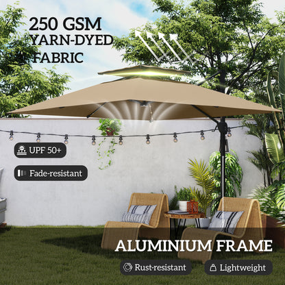 Outsunny 3.5x3 m Garden Cantilever Parasol with Solar LED Lights and Centre Light, UPF50+ Aluminium Patio Umbrella with 360√Ç¬∞ Rotation and Tilt, Hanging Sun Shade with Cross Base, Crank Handle, Khaki