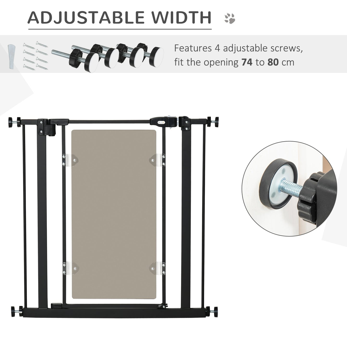 PawHut Pressure Fit Pet Safety Gate, Auto-Close Dog Barrier Stairgate, with Double Locking, Acrylic Panel, for Doors, Hallways, Staircases, Openings 74-80 cm, Black Barrier, w/