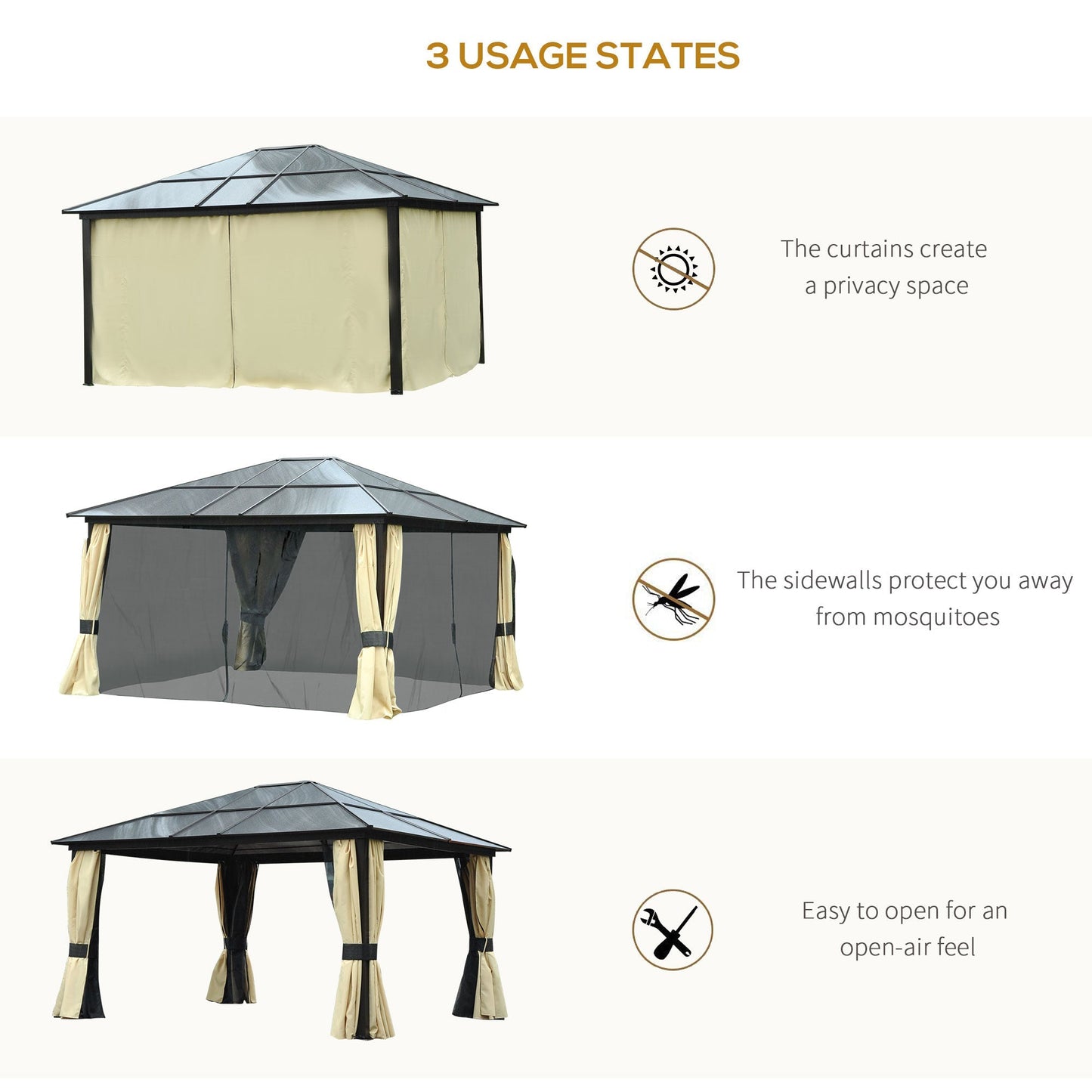 4 x 3.6(m) Hardtop Gazebo Canopy with Polycarbonate Roof and Aluminium Frame, Garden Pavilion with Mosquito Netting and Curtains