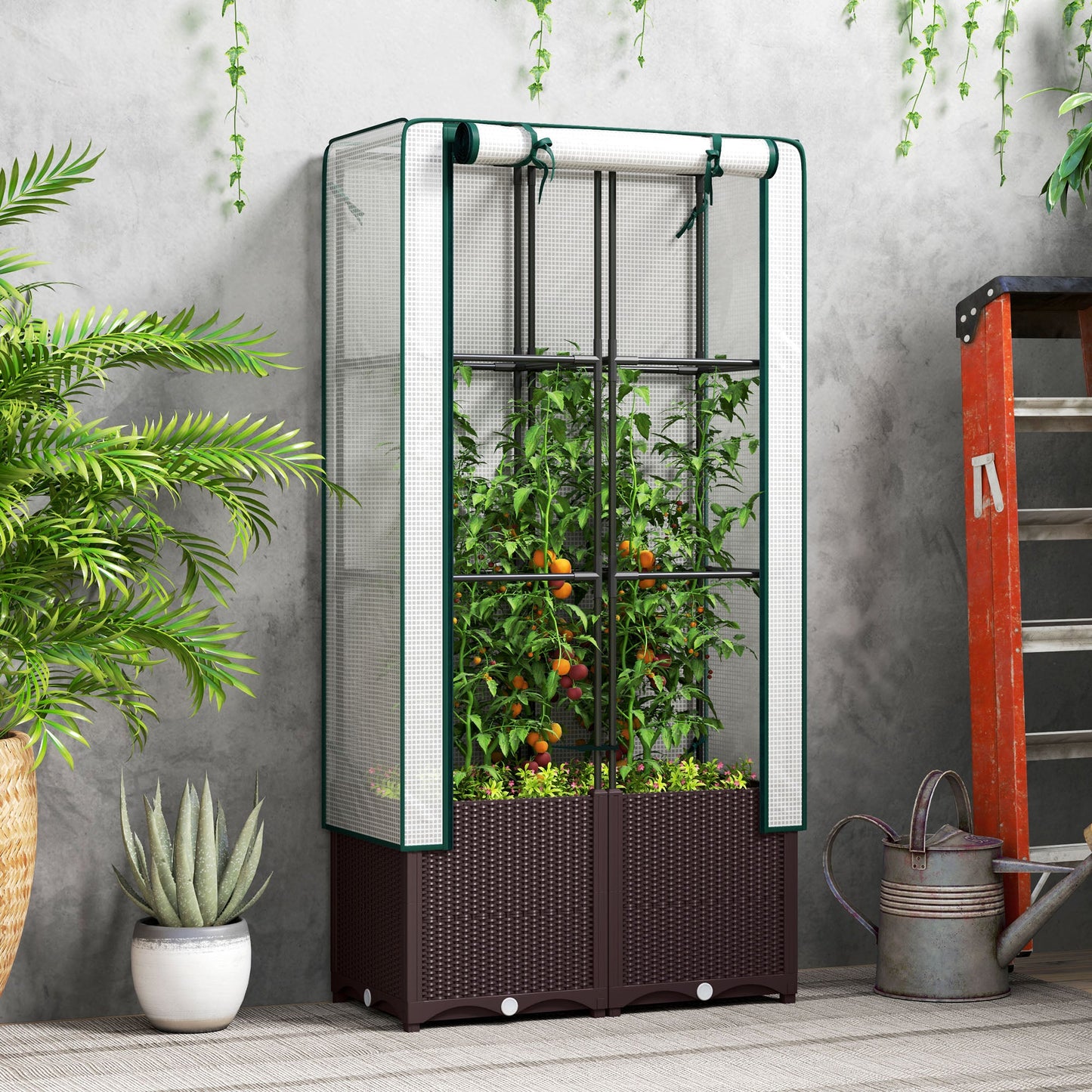 Outsunny Raised Garden Bed with Trellis, Plastic Planter Box with PE Cover, Drainage Holes and Drain Plugs for Climbing Plants, Vegetables, Flowers, 80 x 40 x 140 cm