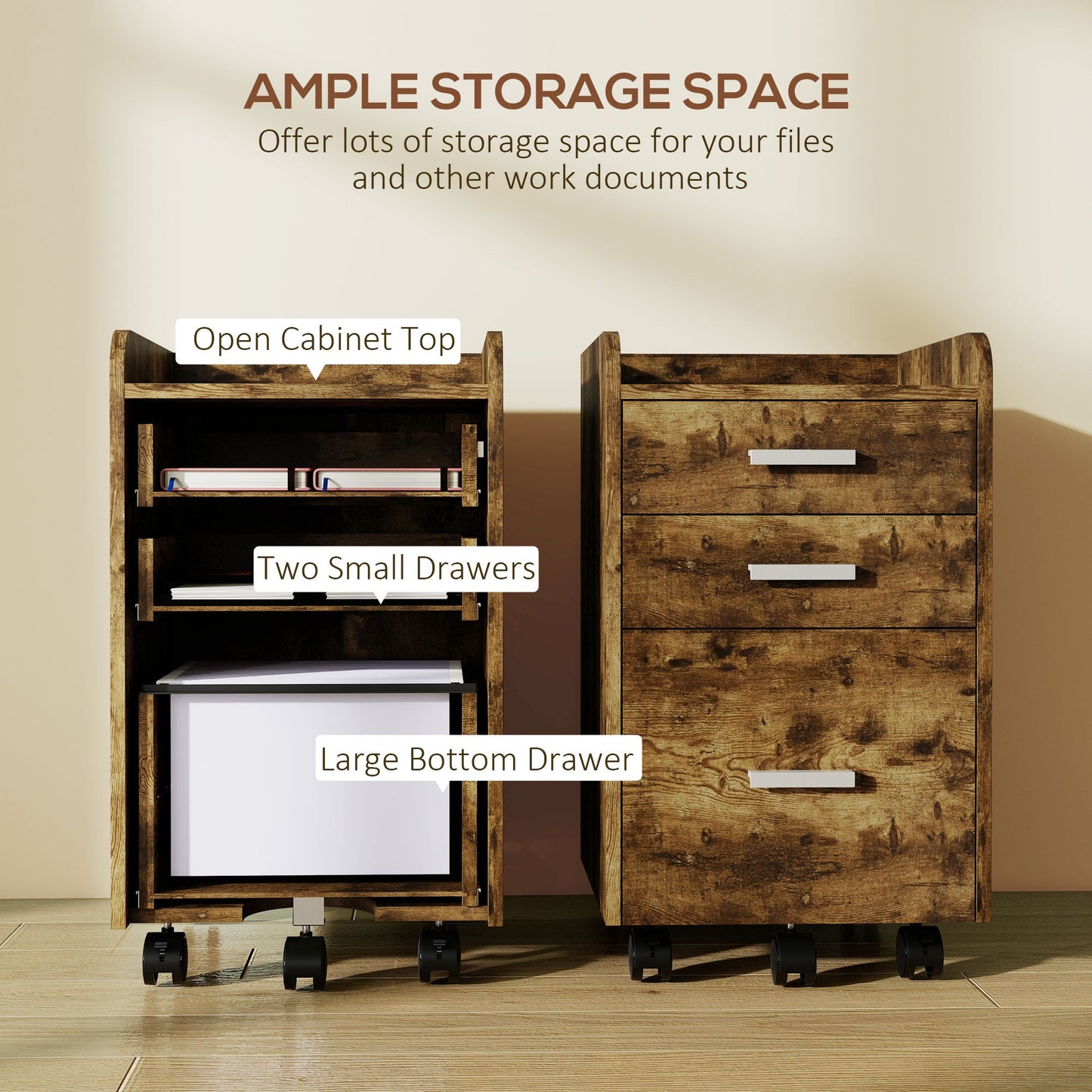 HOMCOM 3 Drawer Filing Cabinet, Rolling File Cabinet with Edged Top for Letter, A4 Size, Hanging File Folders, Rustic Brown